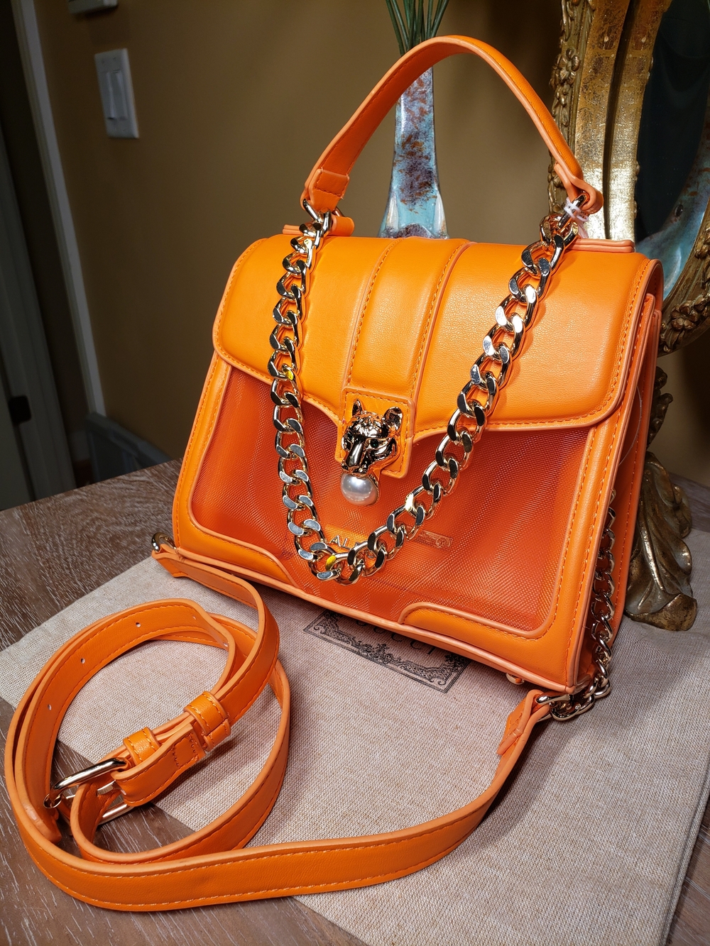 Aldo Orange Mesh Stadium Satchel / Crossbody Bag w/ Tiger & Chain Detail - Picture 3 of 12